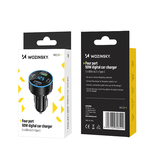 Wozinsky WDCCB Autoladegerät mit Display 50W 2xUSB-C / 2xUSB-A - Schwarz