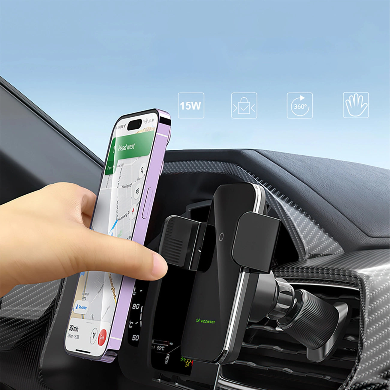 Wozinsky WEDZ-3Y8S Auto-Klemmhalterung mit 15W induktivem Ladegerät für Telefon an der Lüftungsöffnung - schwarz