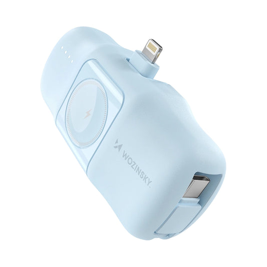 Wozinsky WF16-YLS 5000 mAh 15 W Lightning Mini-Powerbank mit integriertem USB-C-Kabel und Apple Watch Ladegerät – Blau