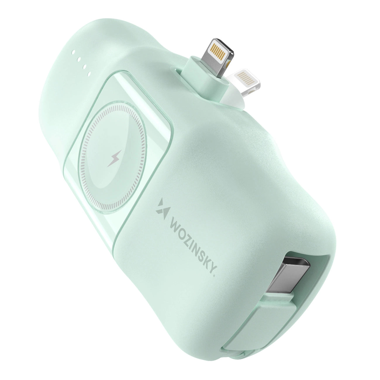 Wozinsky WF16-YLS 5000 mAh 15 W Lightning Mini-Powerbank mit integriertem USB-C-Kabel und Apple Watch Ladegerät – Grün