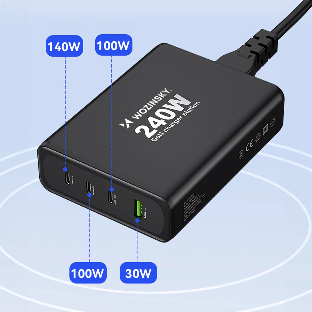 Wozinsky WGCSB 240W GaN Wandladegerät USB-A / 3 x USB-C - Schwarz