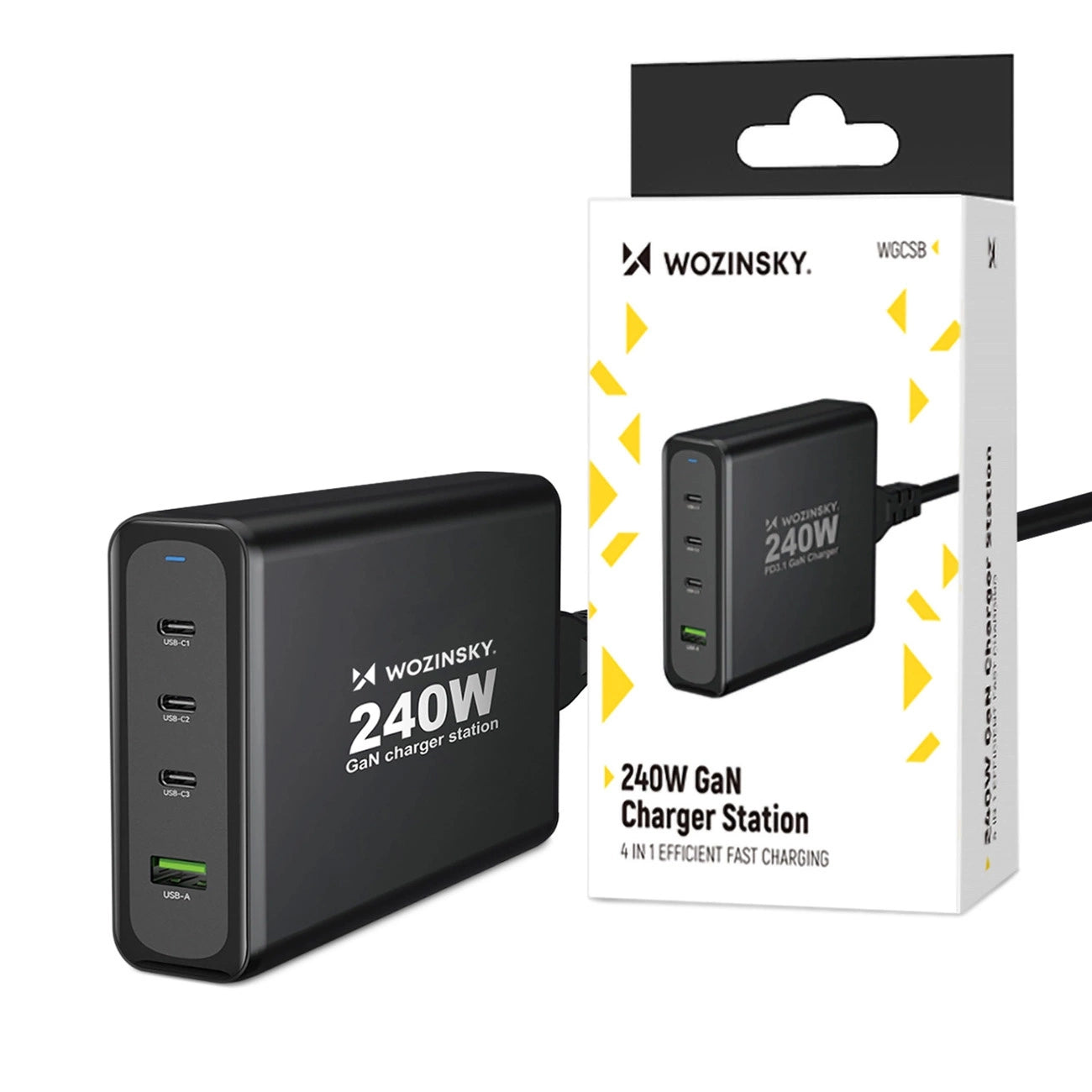 Wozinsky WGCSB 240W GaN Wandladegerät USB-A / 3 x USB-C - Schwarz