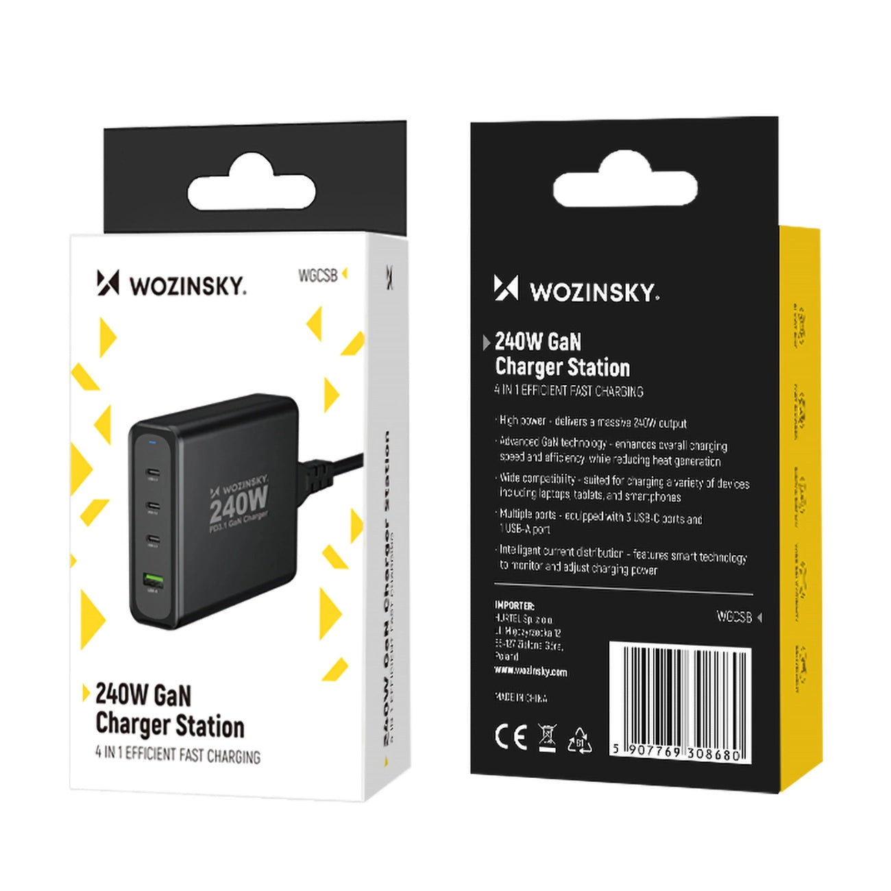 Wozinsky WGCSB 240W GaN Wandladegerät USB-A / 3 x USB-C - Schwarz