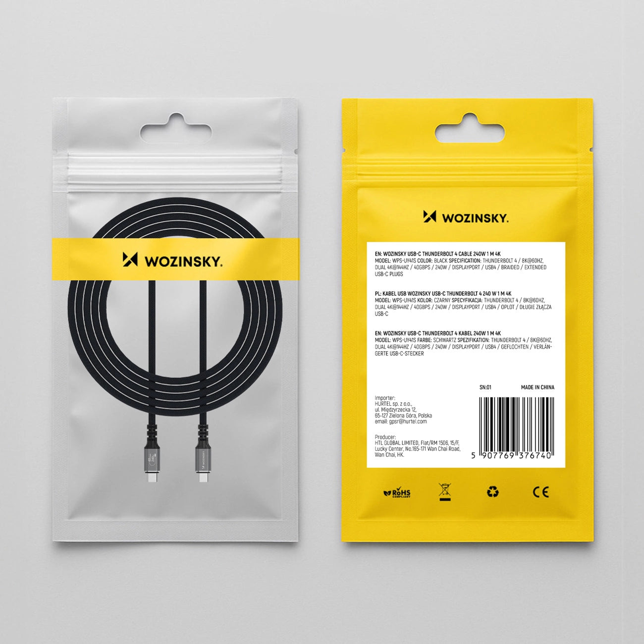 Wozinsky WPS-UY415S USB-C Thunderbolt 4 Kabel 240W 1,5m 4K - Schwarz