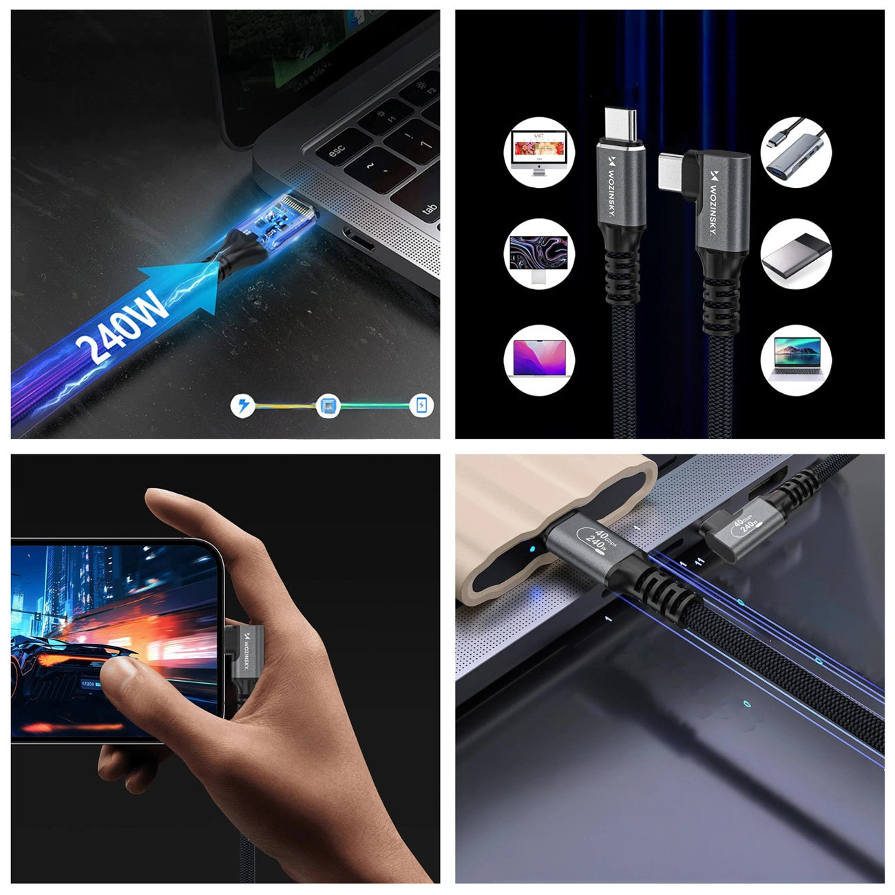 Wozinsky WPS1-UY41S USB-C Thunderbolt 4 240W abgewinkeltes Kabel 1,5m 4K - Schwarz