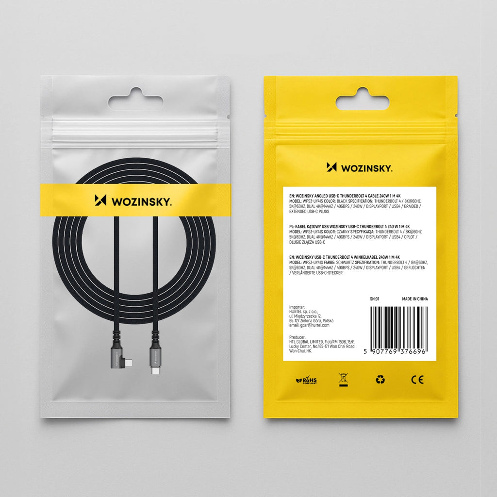 Wozinsky WPS1-UY41S USB-C Thunderbolt 4 240W abgewinkeltes Kabel 1,5m 4K - Schwarz