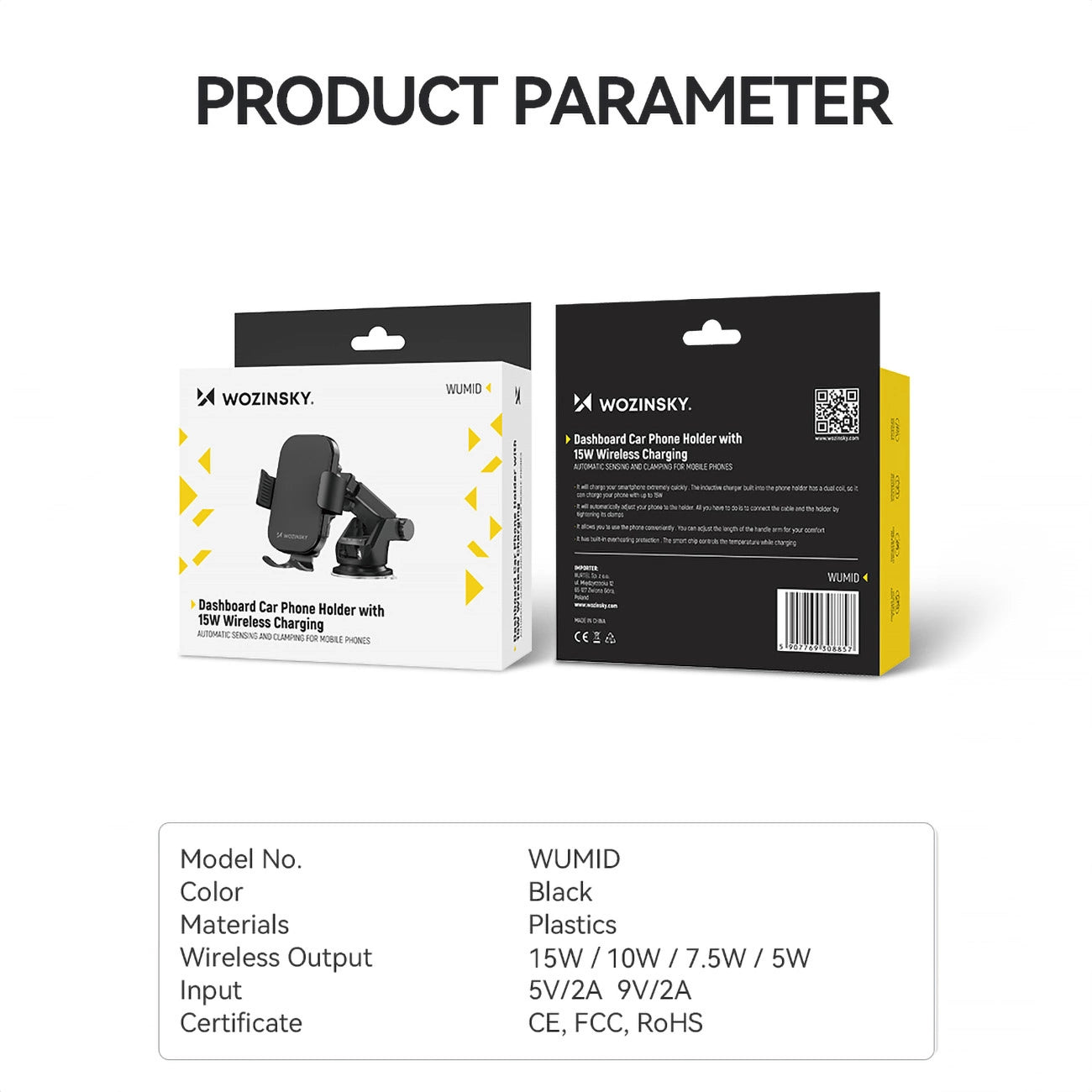 Wozinsky WUMID Auto-Armaturenbrett-Telefonhalterung mit 15 W induktivem Ladegerät, Schwarz