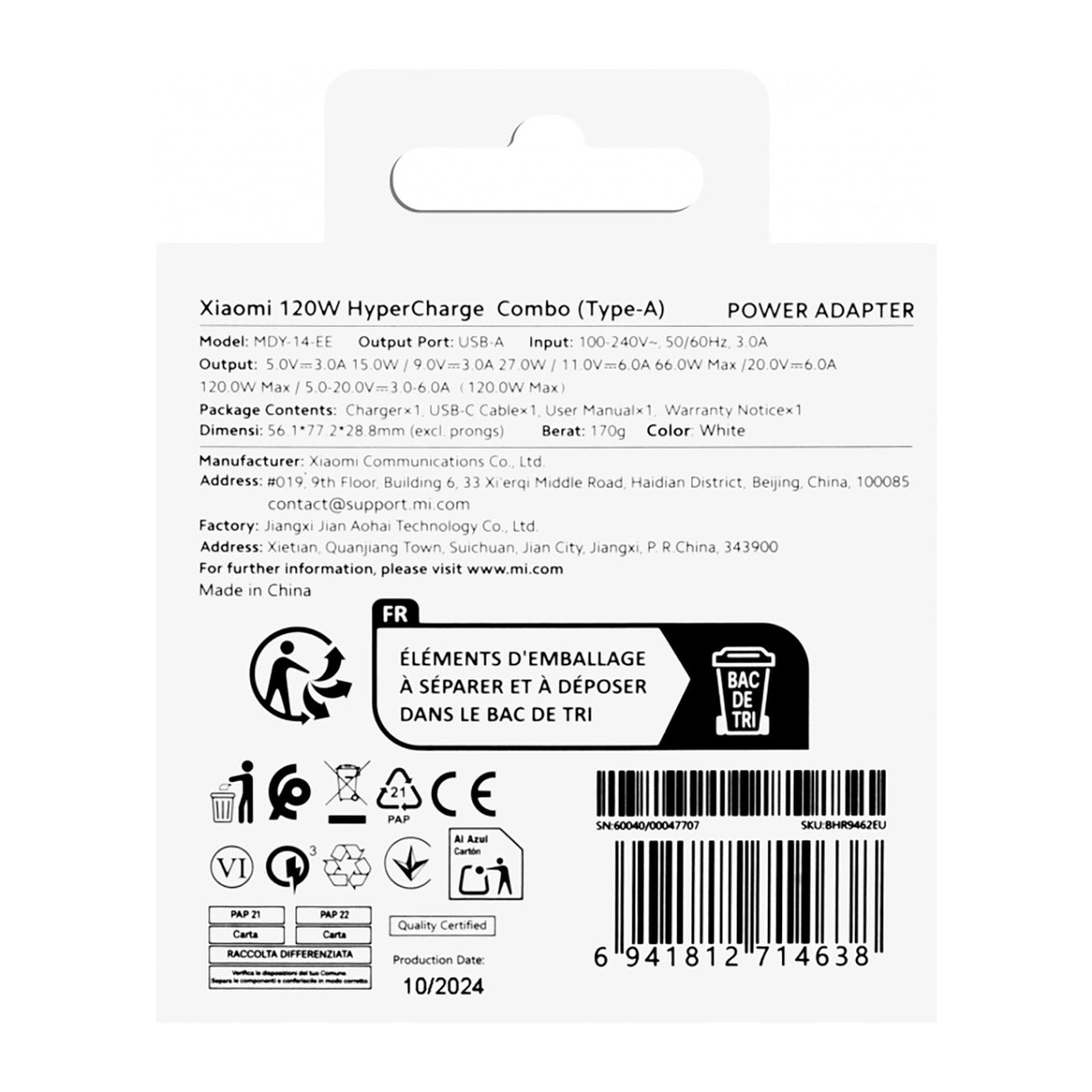 Xiaomi BHR9462EU 120W 6A USB-A Wandladegerät mit USB-C Kabel - Weiß