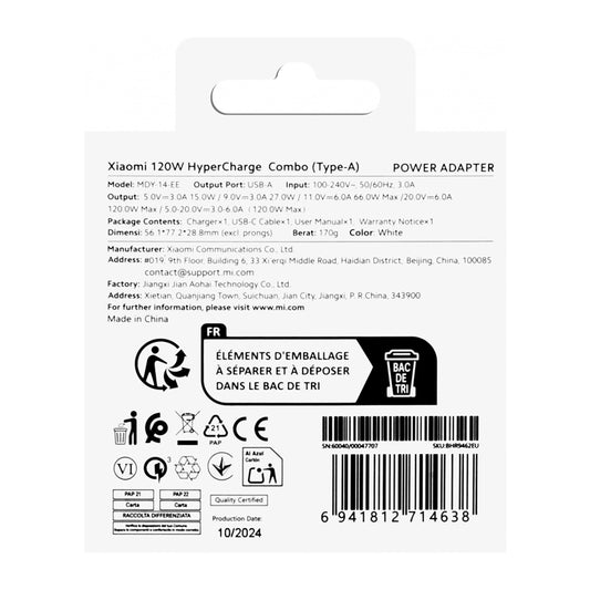 Xiaomi BHR9462EU 120W 6A USB-A Wandladegerät mit USB-C Kabel - Weiß