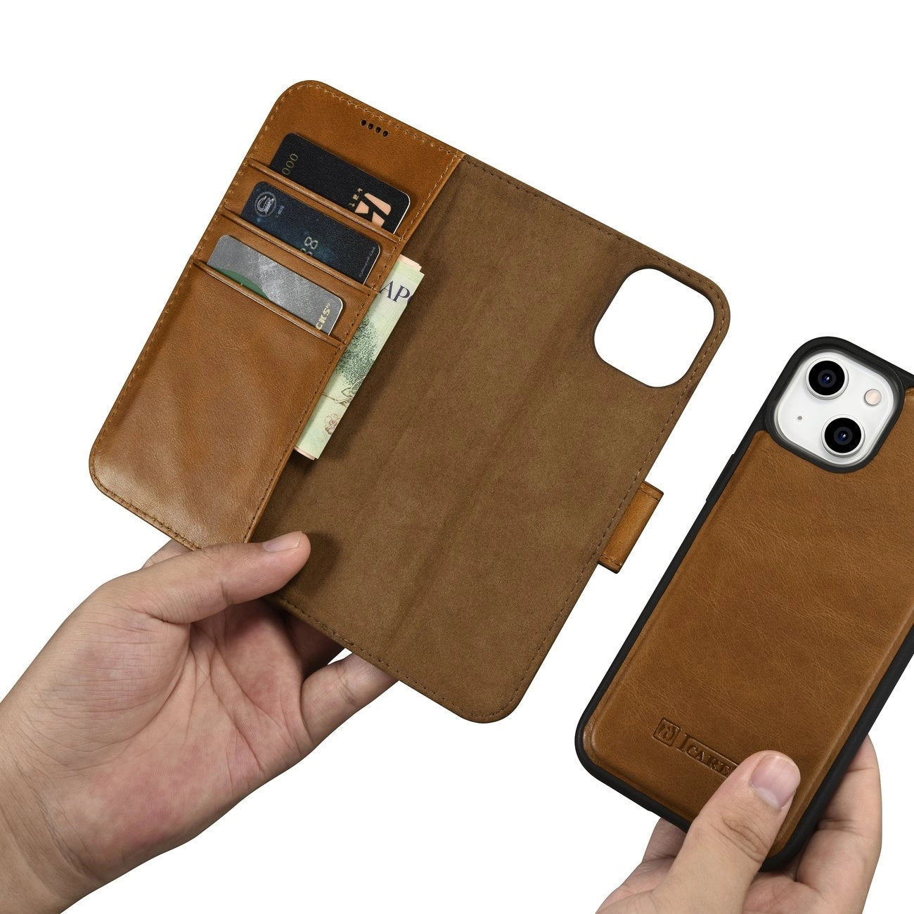 iCarer Oil Wax Wallet Case 2in1 Case iPhone 14 Leder Flip Cover Anti-RFID braun (WMI14220721-TN)