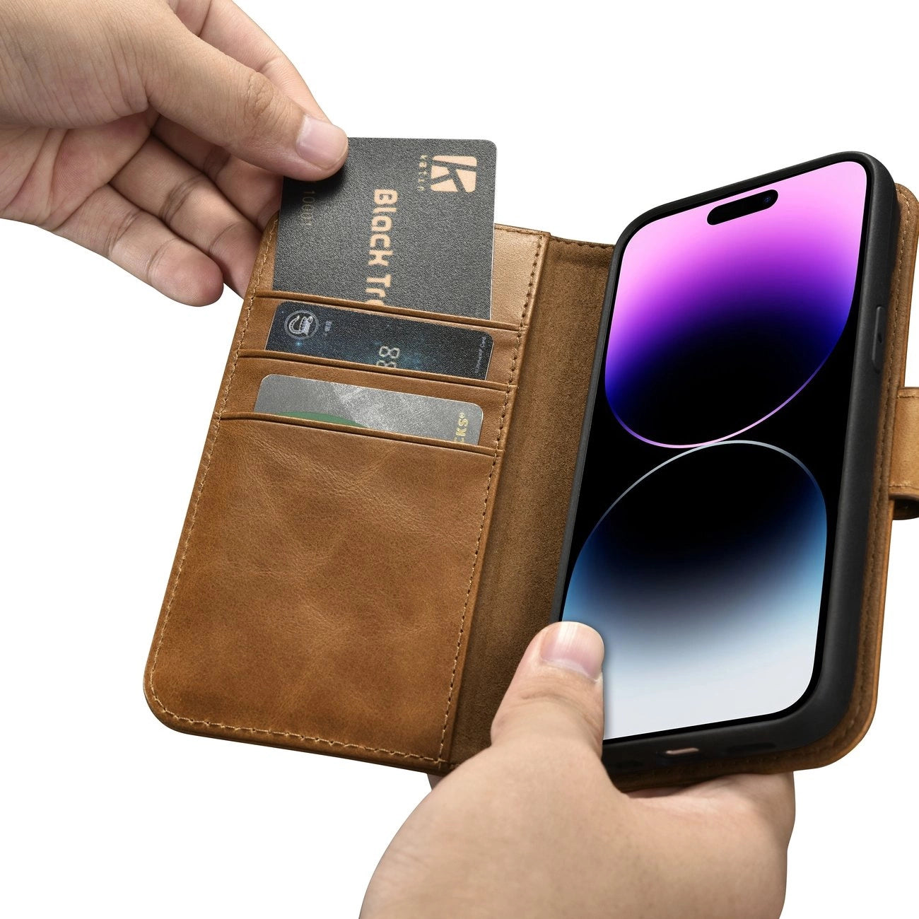 iCarer Oil Wax Wallet Case 2in1 Cover iPhone 14 Pro Max Leder Flip Cover Anti-RFID braun (WMI14220724-TN)