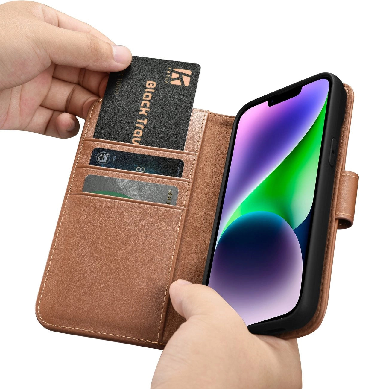 iCarer Wallet Case 2in1 Cover iPhone 14 Plus Anti-RFID Leder Flip Case Braun (WMI14220727-BN)