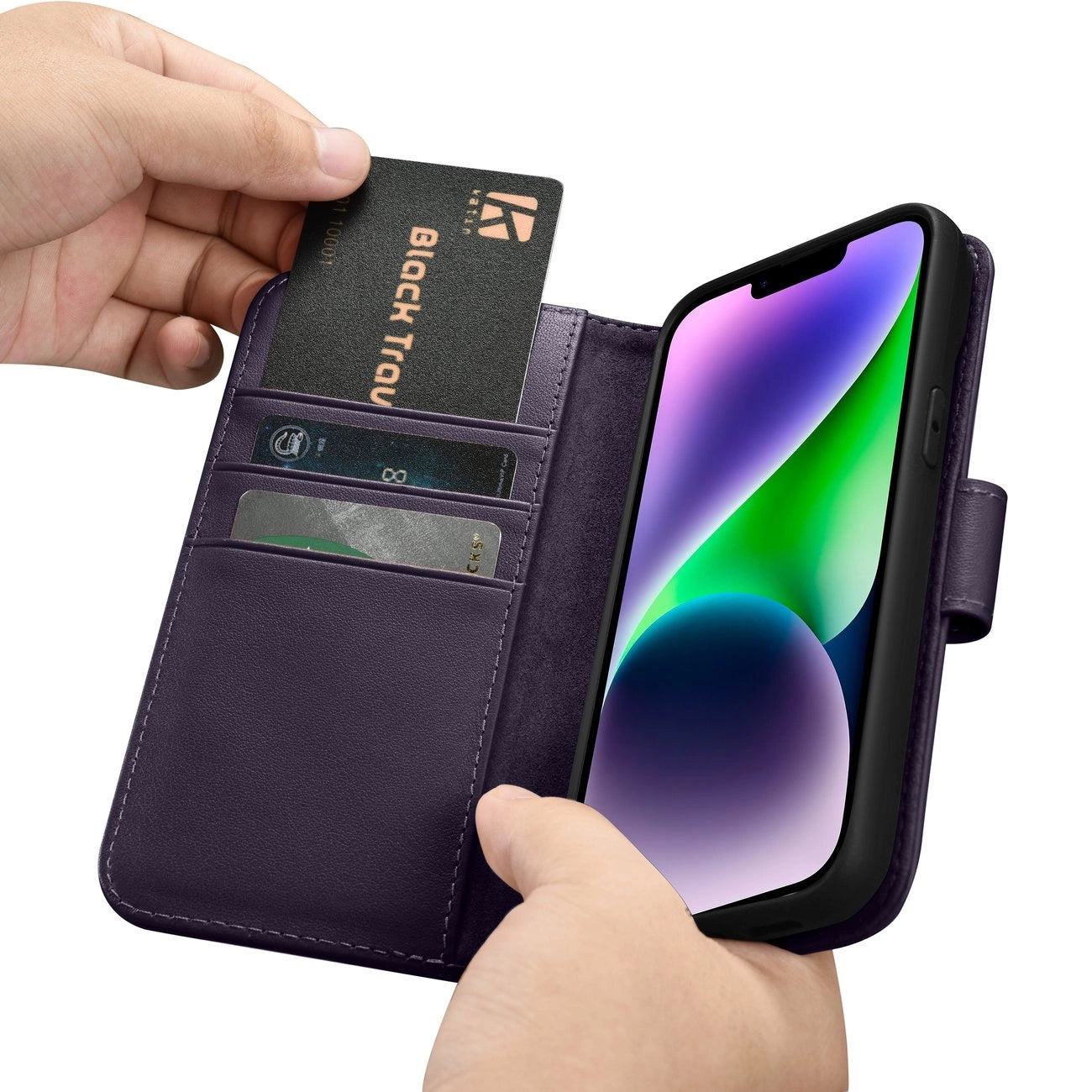 iCarer Wallet Case 2in1 Cover iPhone 14 Plus Anti-RFID Leder Flip Case Dunkellila (WMI14220727-DP)