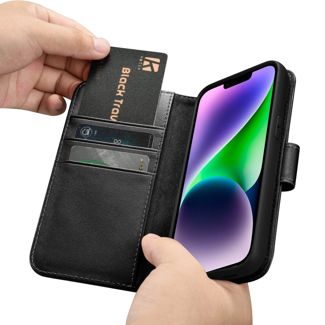 iCarer Wallet Case 2in1 Cover iPhone 14 Plus Anti-RFID Leder Flip Case Schwarz (WMI14220727-BK)