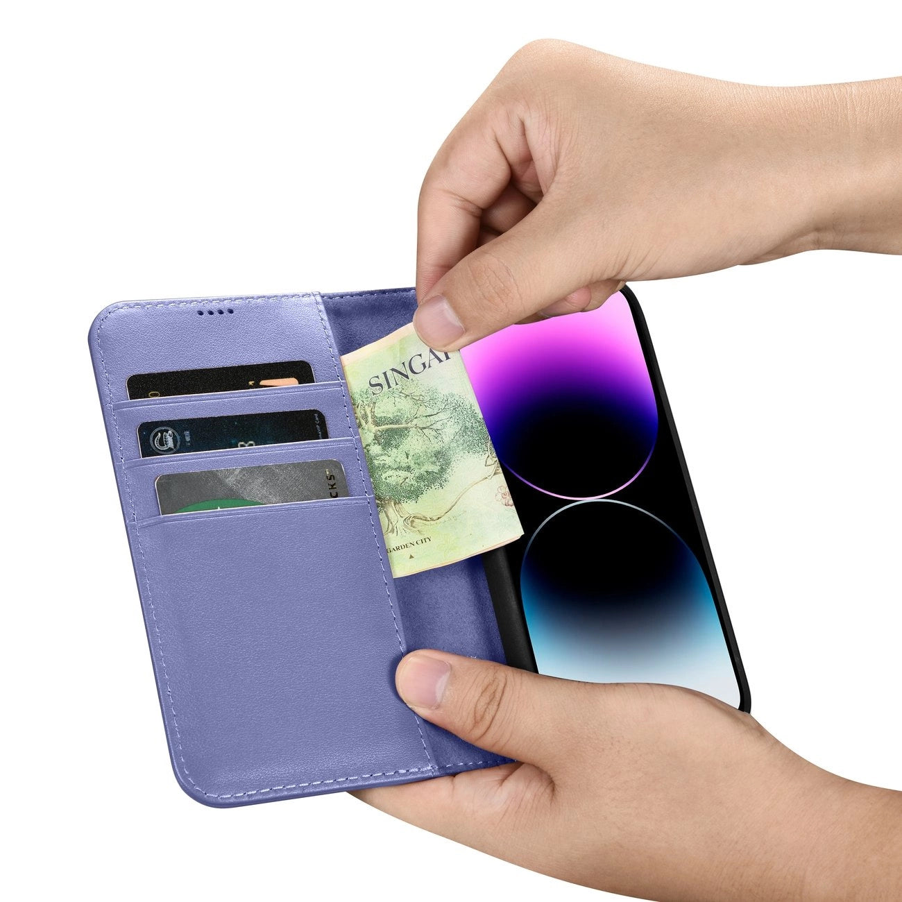 iCarer Wallet Case 2in1 Cover iPhone 14 Pro Anti-RFID Leder Flip Case Hellviolett (WMI14220726-LP)