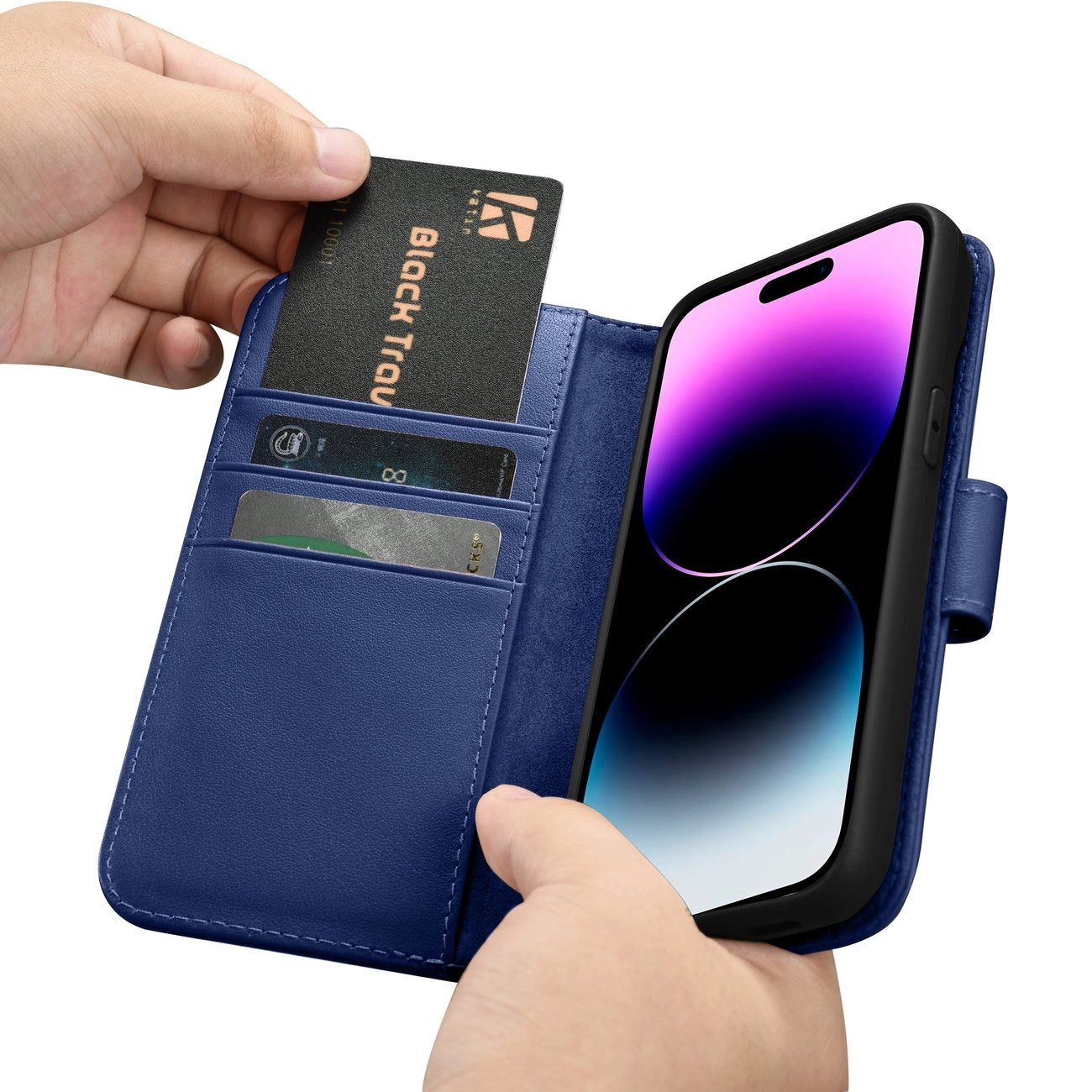 iCarer Wallet Case 2in1 Cover iPhone 14 Pro Leder Flip Case Anti-RFID blau (WMI14220726-BU)