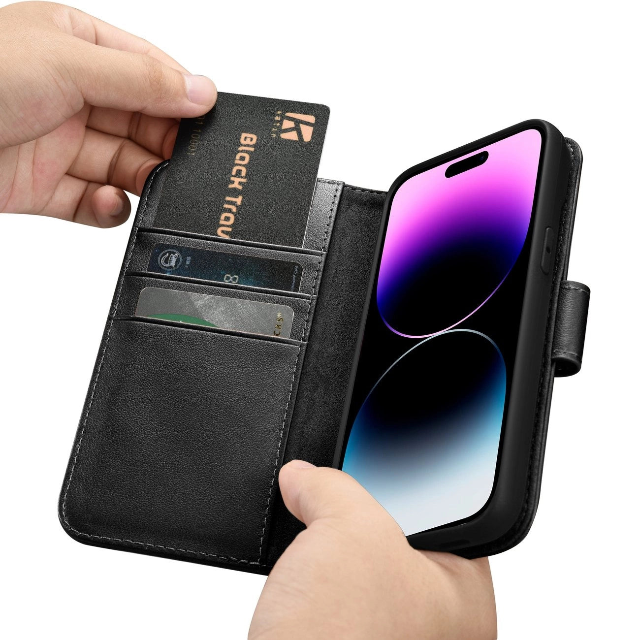 iCarer Wallet Case 2in1 Cover iPhone 14 Pro Leder Flip Cover Anti-RFID schwarz (WMI14220726-BK)