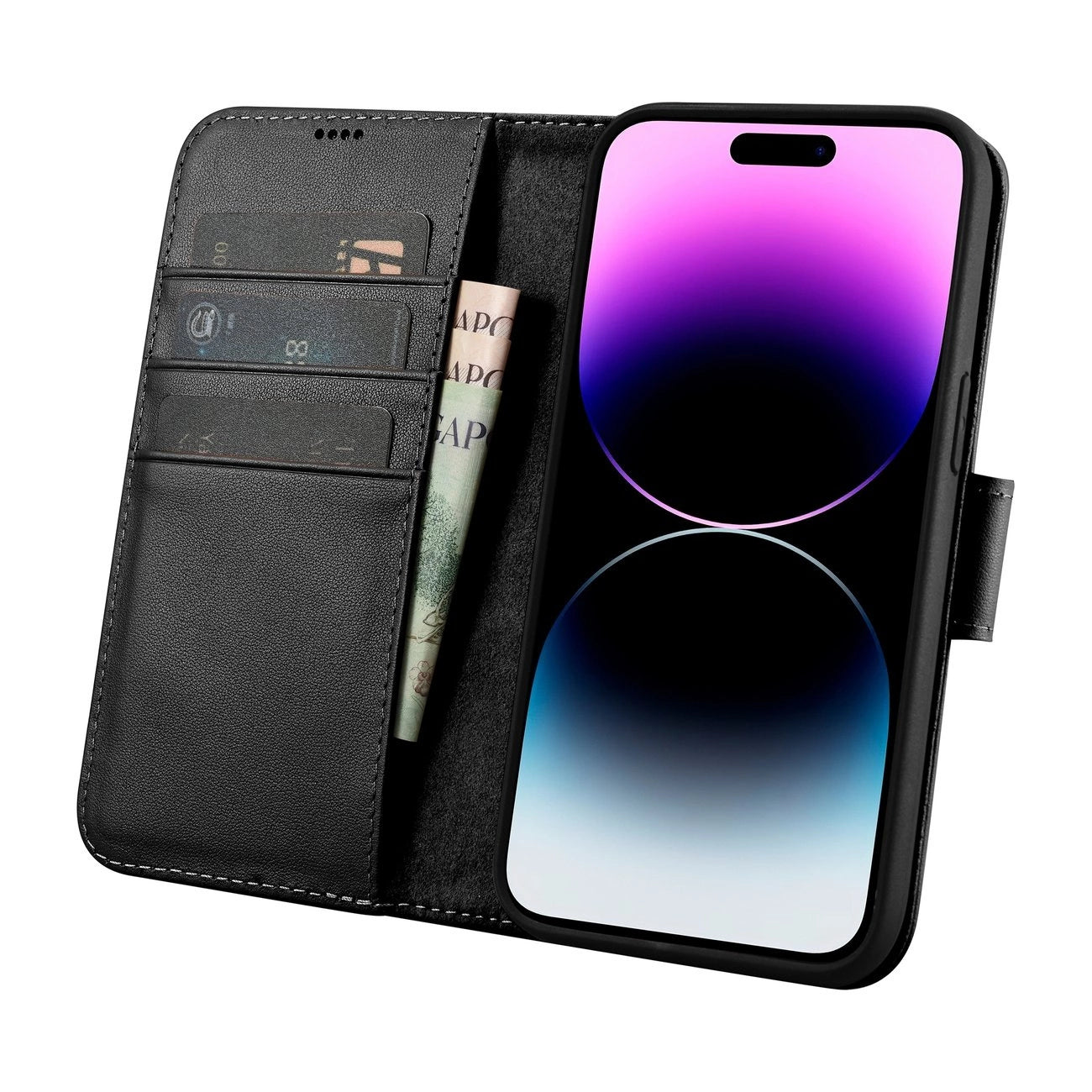 iCarer Wallet Case 2in1 Cover iPhone 14 Pro Leder Flip Cover Anti-RFID schwarz (WMI14220726-BK)