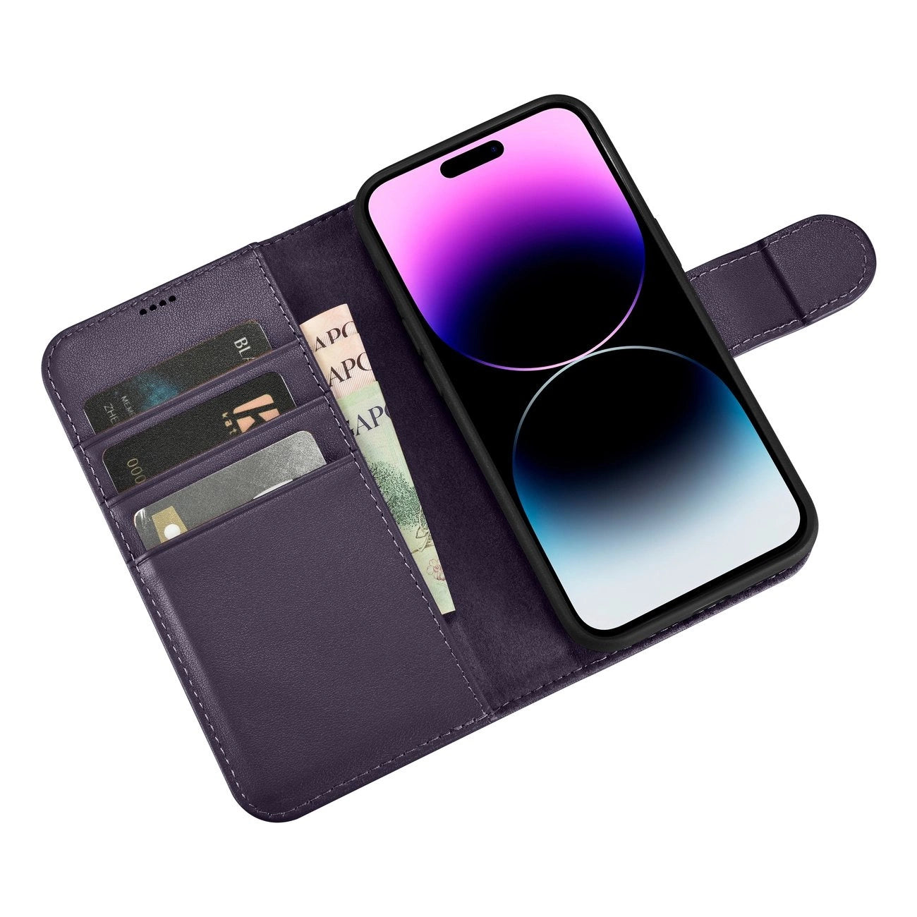 iCarer Wallet Case 2in1 Cover iPhone 14 Pro Max Anti-RFID Leder Flip Case Dunkellila (WMI14220728-DP)