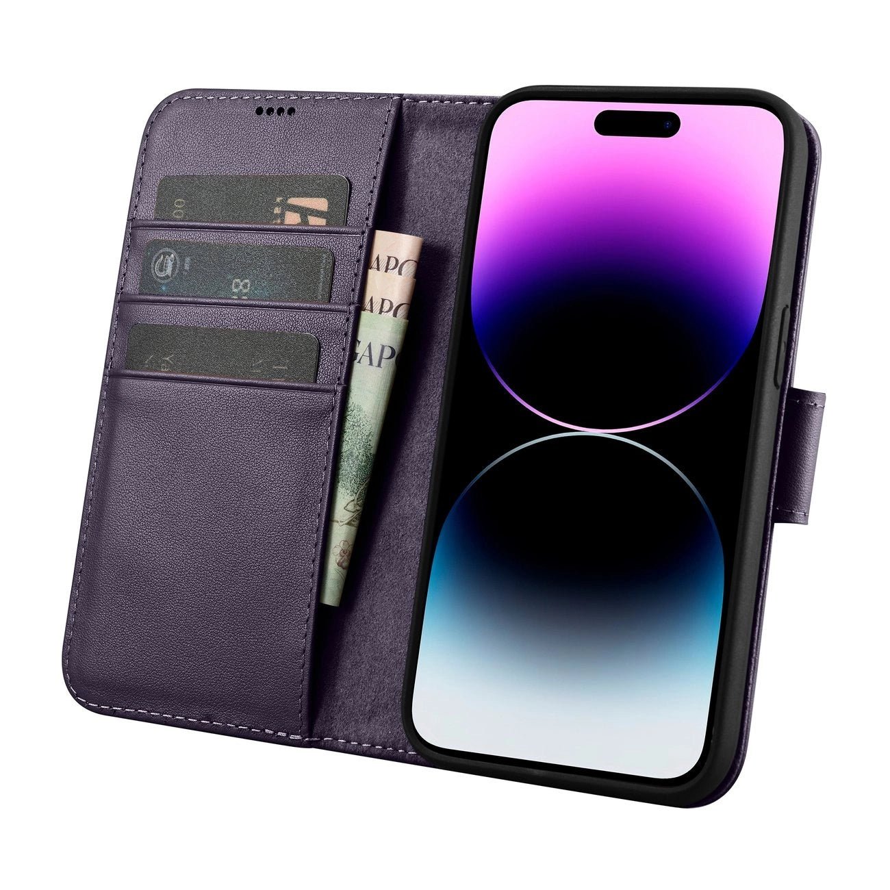 iCarer Wallet Case 2in1 Cover iPhone 14 Pro Max Anti-RFID Leder Flip Case Dunkellila (WMI14220728-DP)