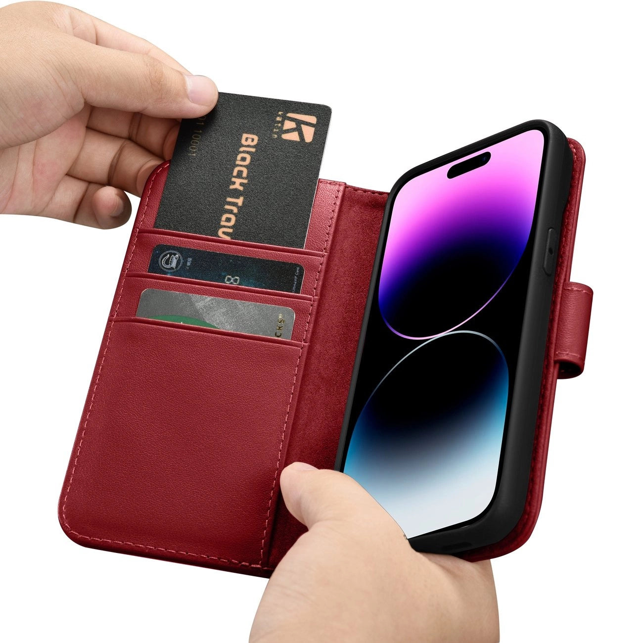 iCarer Wallet Case 2in1 Cover iPhone 14 Pro Max Leder Flip Cover Anti-RFID Rot (WMI14220728-RD)