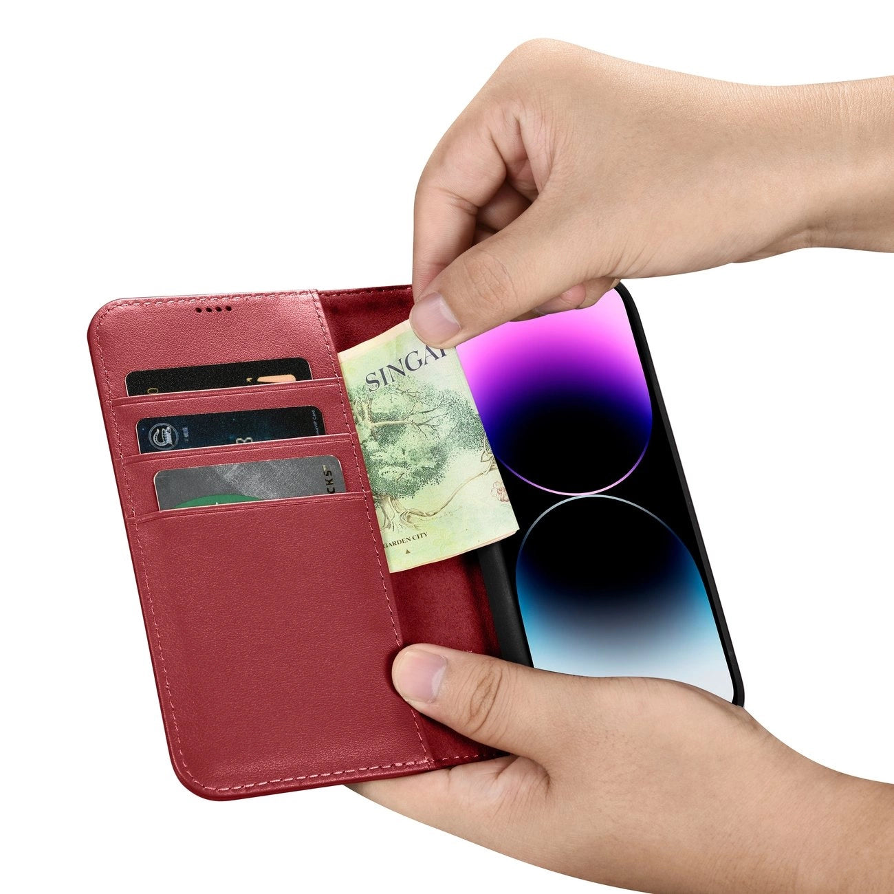 iCarer Wallet Case 2in1 iPhone 14 Pro Leder Flip Case Anti-RFID rot (WMI14220726-RD)