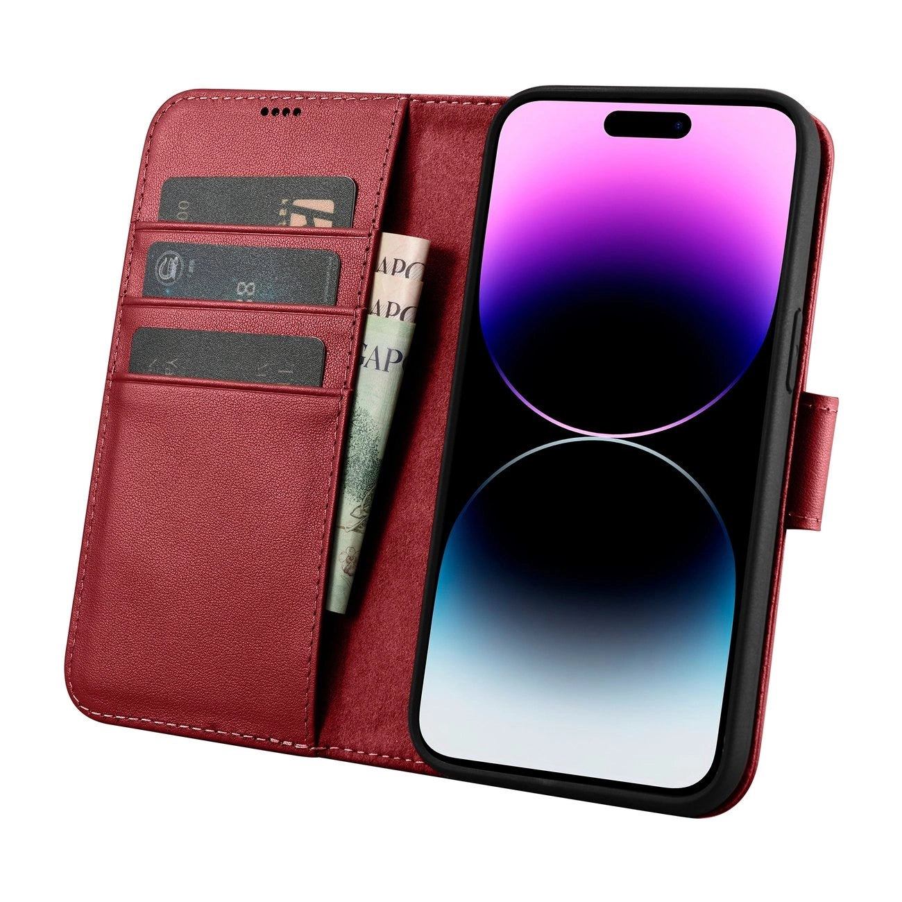 iCarer Wallet Case 2in1 iPhone 14 Pro Leder Flip Case Anti-RFID rot (WMI14220726-RD)