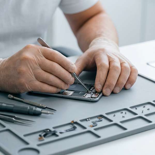 Techniker repariert ein Smartphone in der STARPHONE Werkstatt in Aachen