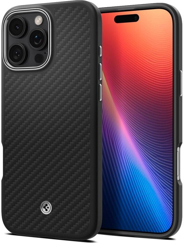 Spigen Handyhülle für iPhone 16 Pro, Spigen Enzo Aramid Mag mit MagSafe, Schwarz und Silbern